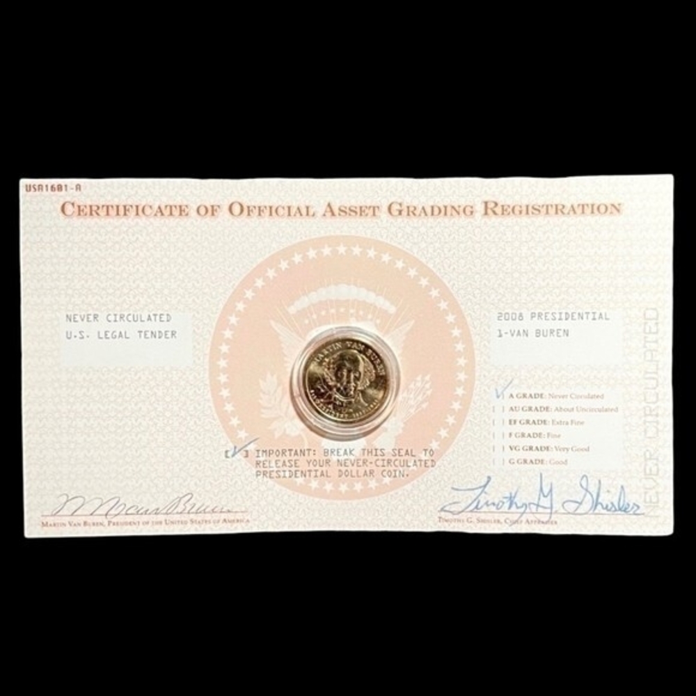 2008 Presidential Martin Van Buren Dollar Coin Certificate Asset Grading NIB